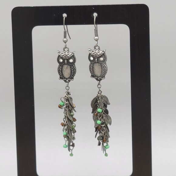 Jewelry - Silver Tone Owl Dangle Earrings With Beads & Leaf Charms Fish Hook 4 in Length